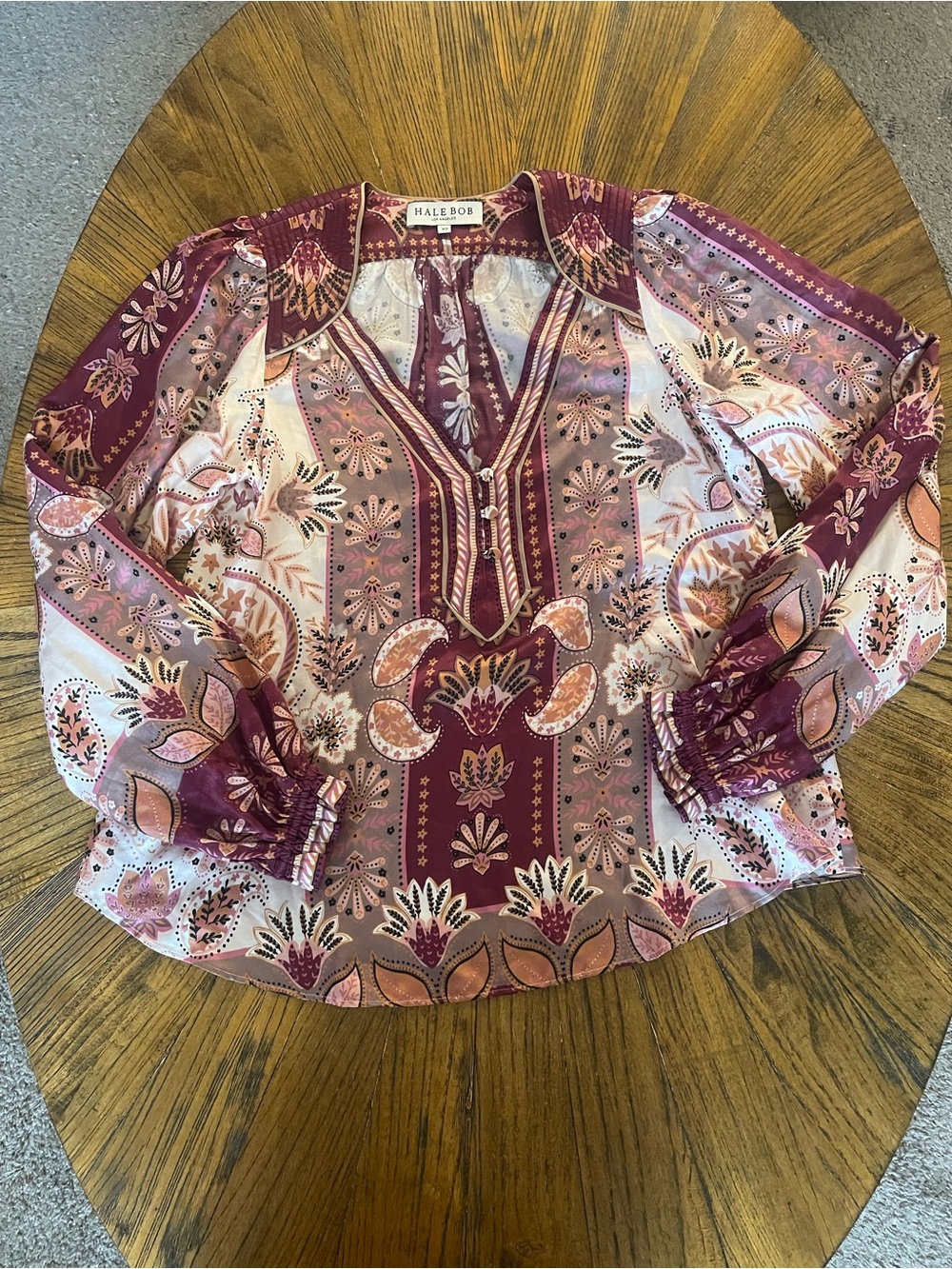 Hale Bob Silk Blend Mauve and Plum Paisley Pullover Blouse